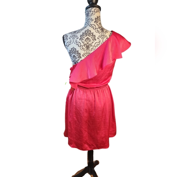 BCBGeneration One Shoulder Lollipop Blouson Ruffle Mini Dress Size L In Hot Pink - Picture 6 of 12